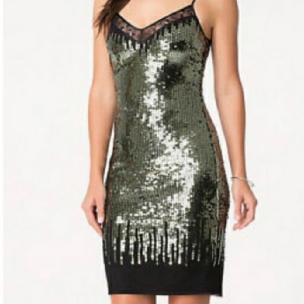 Sexy Bebe Lace and Sequin Midi Black Party Dress